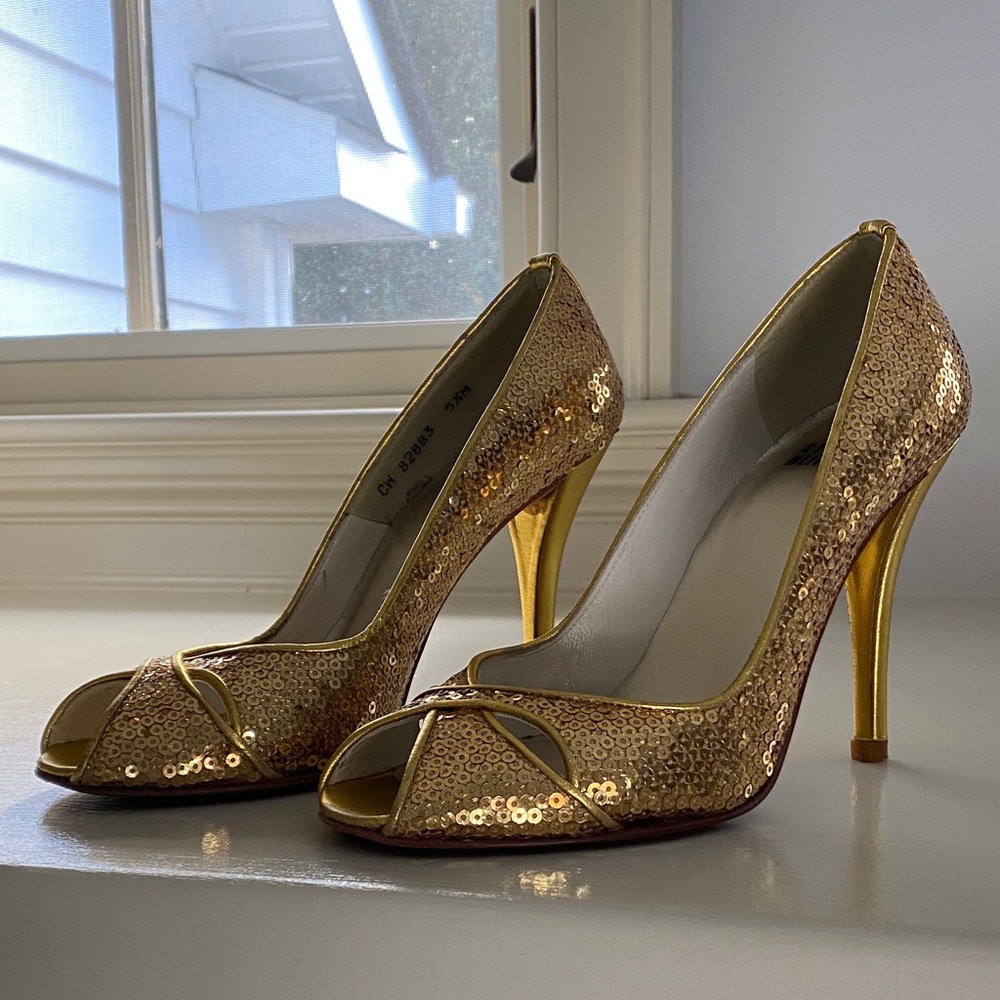 Stuart Weitzman Gold Sequin Peep-Toe Heels